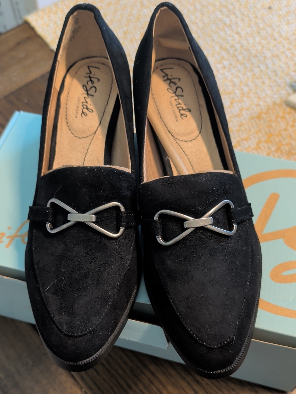 Life Stride Black Suede Loafers with Silver Hardware